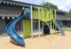 blue and green playground on woodchip surfacing