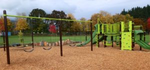 brown and green playground on woodchip surfacing