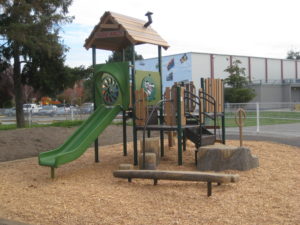green and brown playground on rubber surfacing