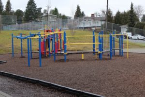 red blue and yellow playground on woodchip surfacing