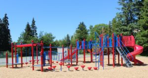 red and blue playground on rubber surfacing