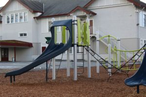 blue and green playground on woodchip surfacing