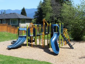 blue and green playground on woodchip surfacing