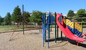 blue and red playground on woodchip surfacing