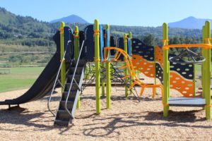 green yellow and blue playground on woodchip surfacing