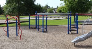 red and blue playground on woodchip surfacing