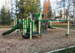 Starlane playground with slide and rock climbing structure