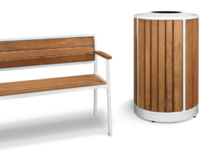 Bench and receptacle with wooden slats