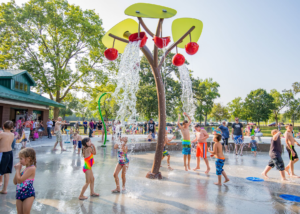 Water park with dumping buckets and children