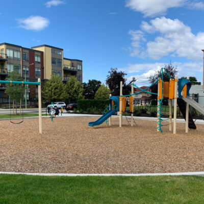 Blue and orange playground on wood surfacing