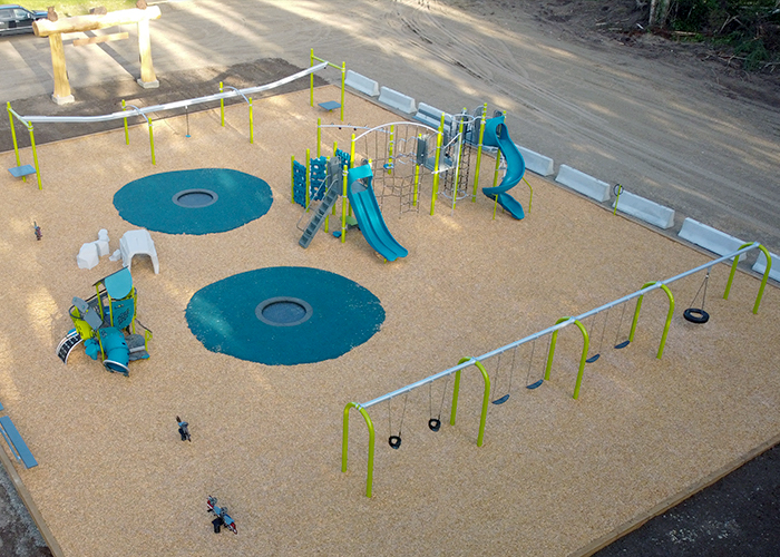 green and blue playground on wood surfacing