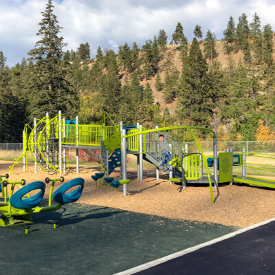 green and blue playground on wood surfacing