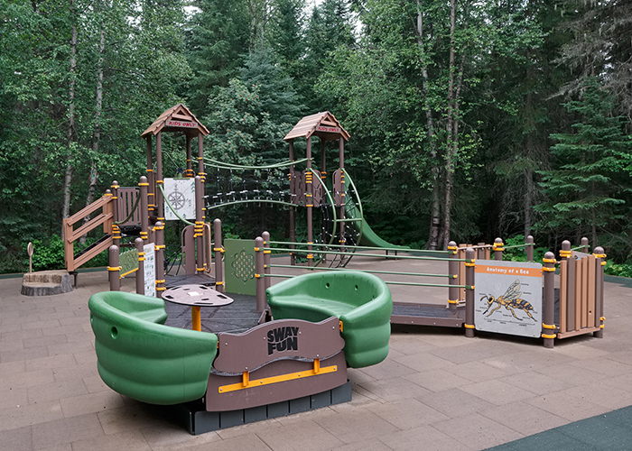 Green and brown playground in the woods