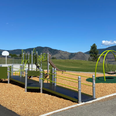 green and blue playground on wood surfacing