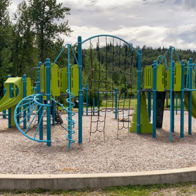 green and blue playground on wood surfacing