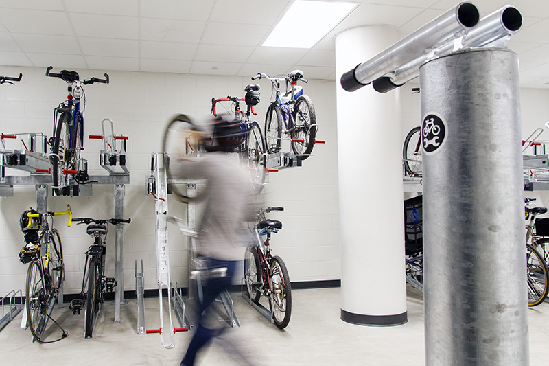 bike room with two tier bike racks