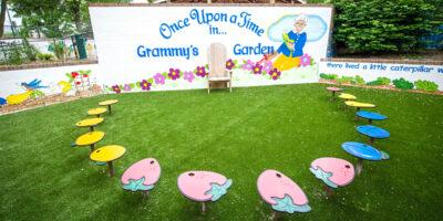 Outdoor classroom with a mural and fruit shaped seats