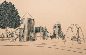 pencil sketch of playground towers