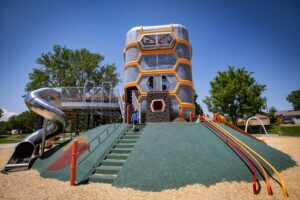 Paco Sanchez Park's playground resembling an old fashioned microphone with hillside play