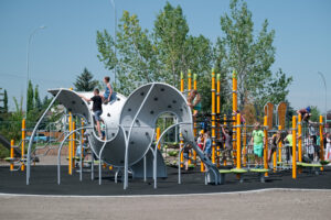 Orange playground at harvest hills in Calgary