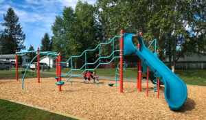 Playground with slide and climbing structure