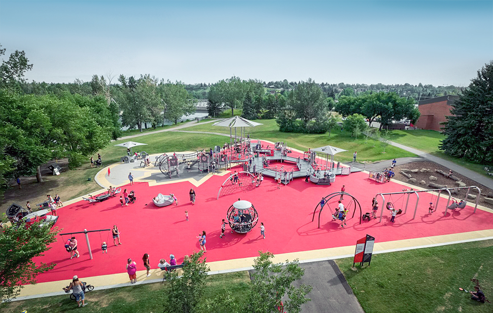 Inclusive park design with red rubber surfacing