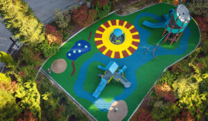 Park playground aerial view with climbing structure