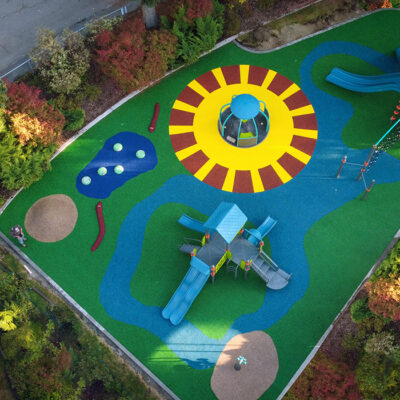 Park playground aerial view with climbing structure
