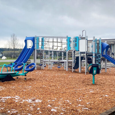 blue and silver playground on woodchip surfacing