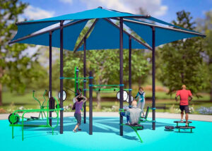 Outdoor fitness circuit with integrated shade
