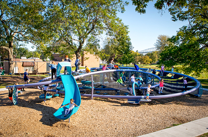 Modern playgrounds with figure-8 frame and netting