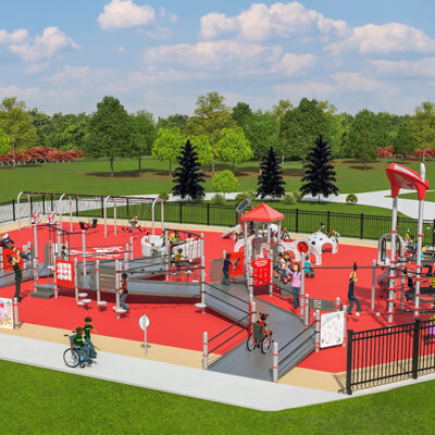 3D rendering Red and grey playground with ramps