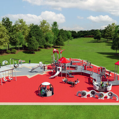 3D rendering Red and grey playground with ramps