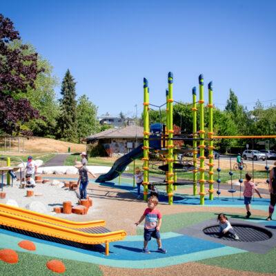 Blue, Green, Orange Play structures.