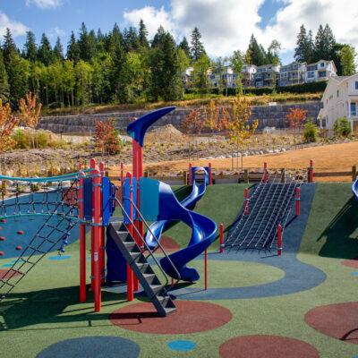 blue and red playground with hill slides in the back
