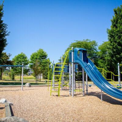 blue and green playground on woodchip surfacing