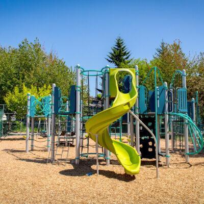 silver blue and green playground on woodchips