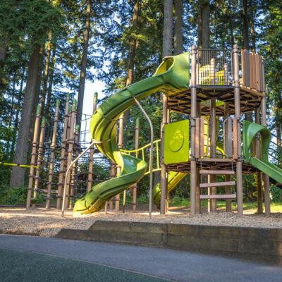 brown playground on woodchips