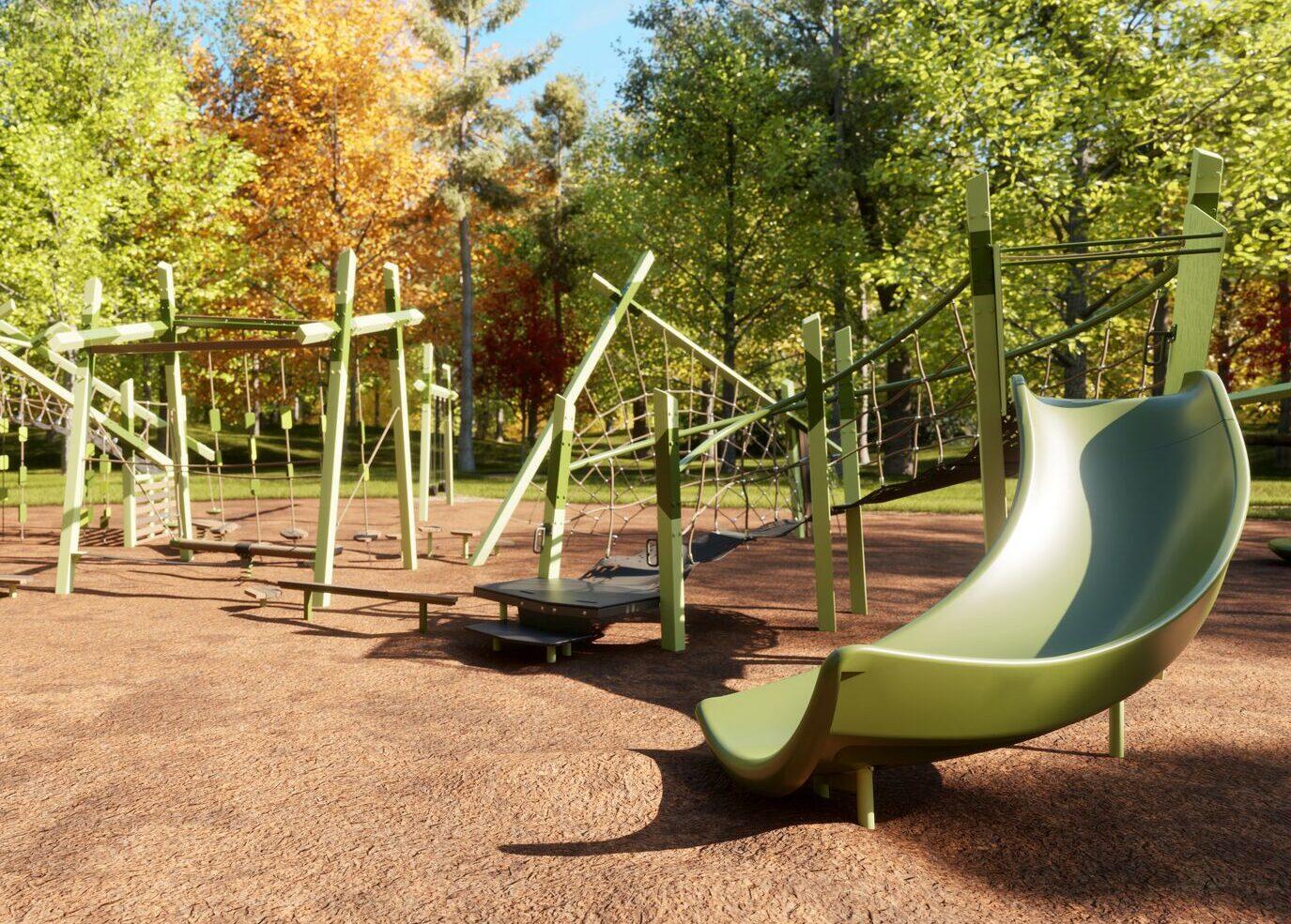 Angular brown and green playground on wood fibre surfacing