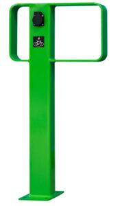 a green e-bike charging rack