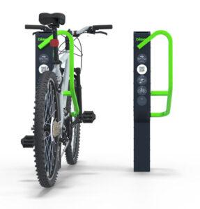 green bike in electronic bike rack