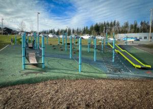 Light blue, black and green playground on pour in place (PIP) rubber surfacing and dinoflex rubber tiles