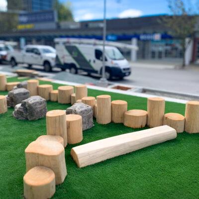 Natural Play lob climber and balance x LSI rock stepper on Artificial Turf