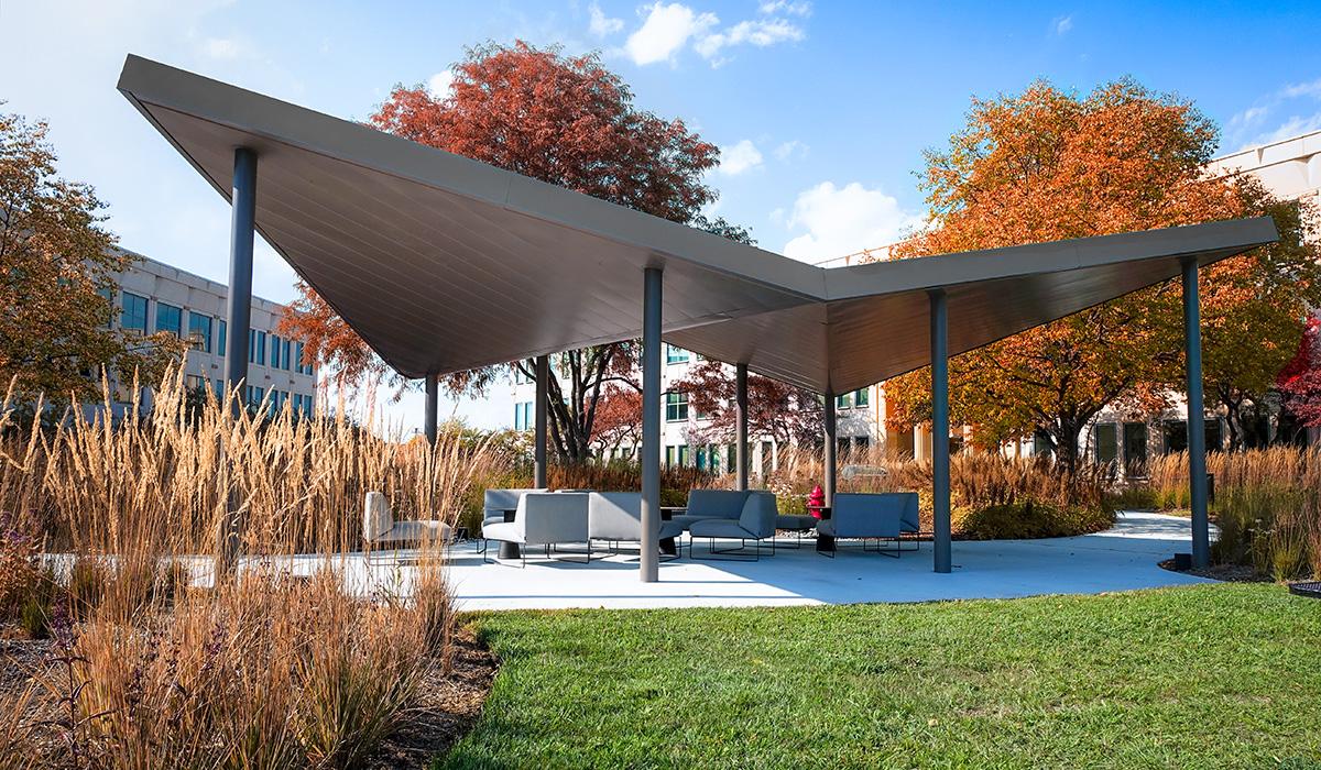 A shelter structure surrounded by fall trees