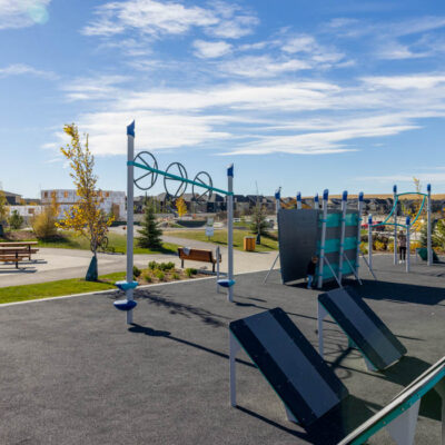 Outdoor fitness area in a park with exercise equipment, benches, trees, and a clear blue sky. Houses are visible in the background.
