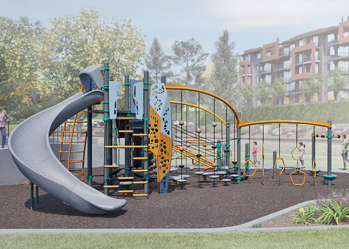 render of a compact grey and blue playground