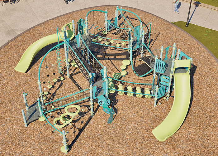 aerial view of a green and blue playground