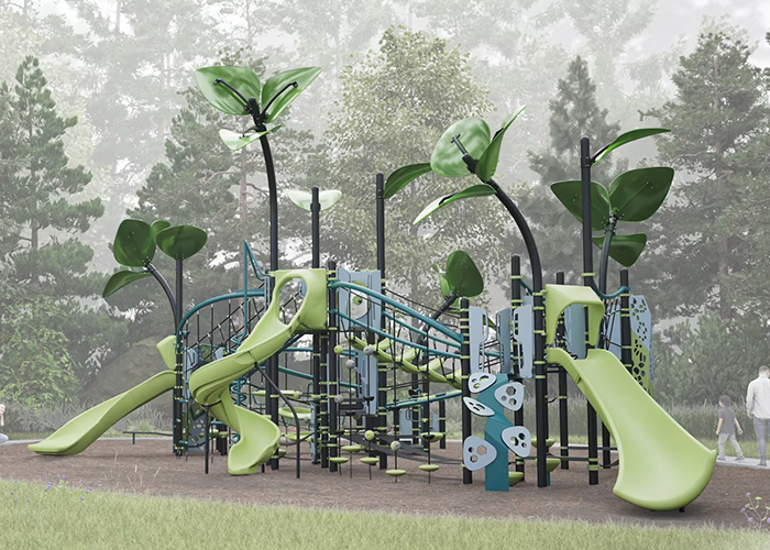 Nature themed outdoor playground with whimsical structures and slides
