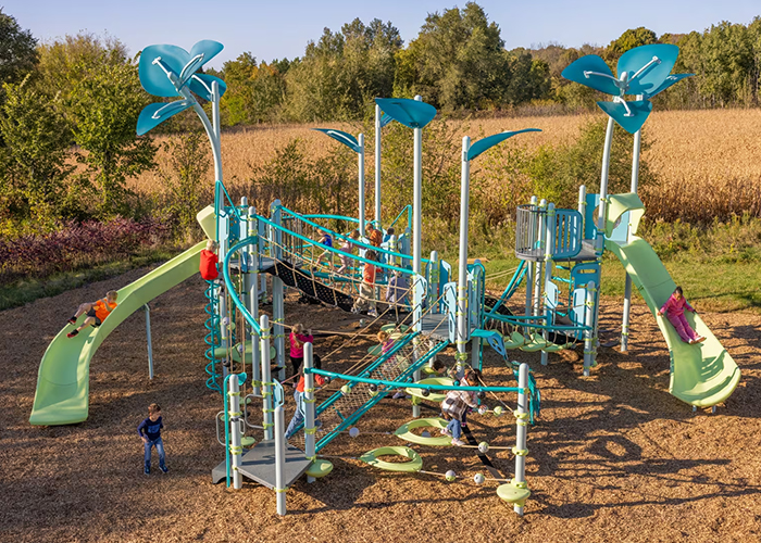 Colourful outdoor playground with whimsical structures and slides