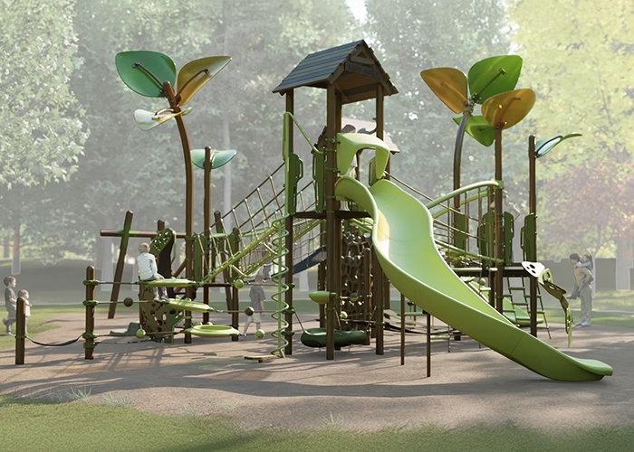 tree fort themed outdoor playground with whimsical structures and slides